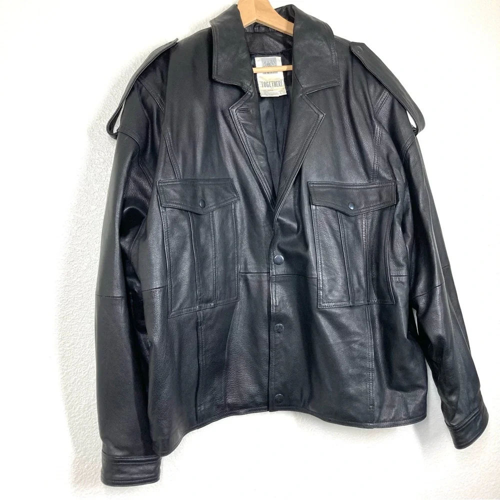 Vintage Together Oversized Bomber Leather Jacket Motorcycle Mens Large Black